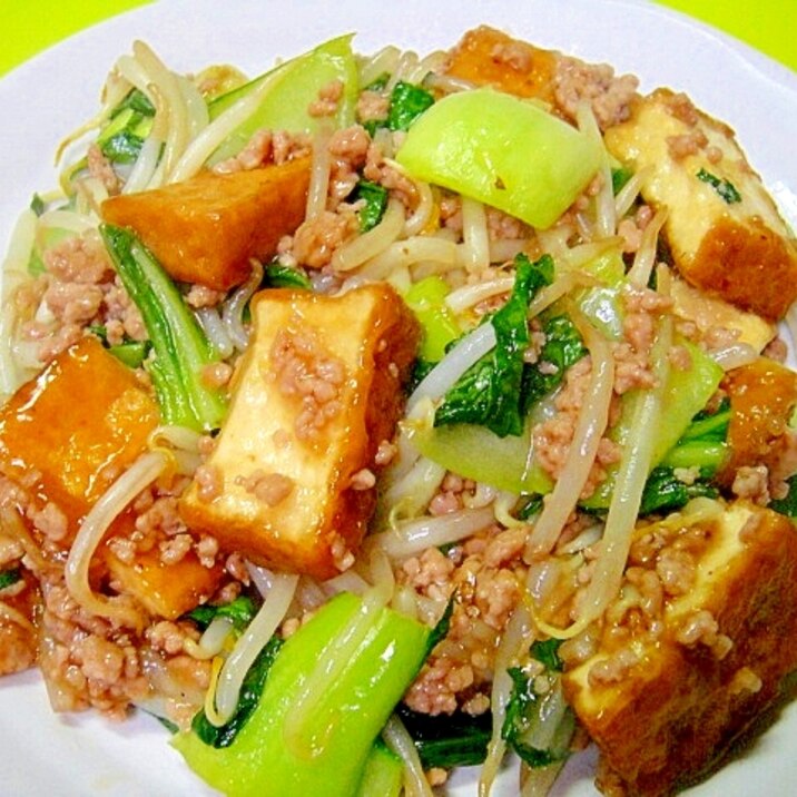 厚揚げとチンゲン菜もやしのそぼろ炒め